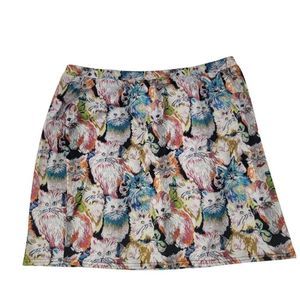 Skirts on, cat ladies! Cat Print Shimmer Silver Mini Skirt, fits like 3x (SHEIN)